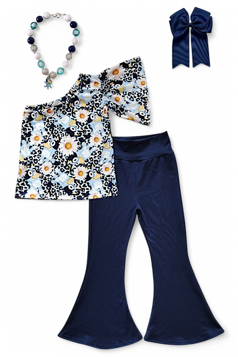 Character printed off shoulder girls top & navy blue pants.