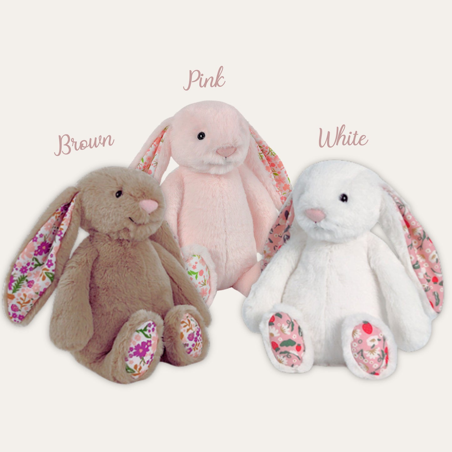 11 inch bunny plushies available in 4 colors.