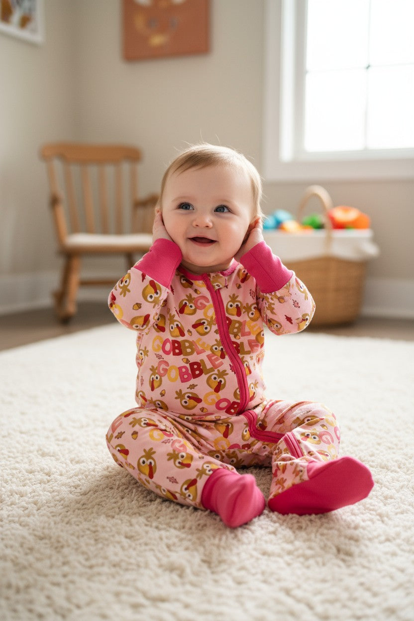 Gobble Gobble" Cute turkey printed baby onesie w/fold over toe.