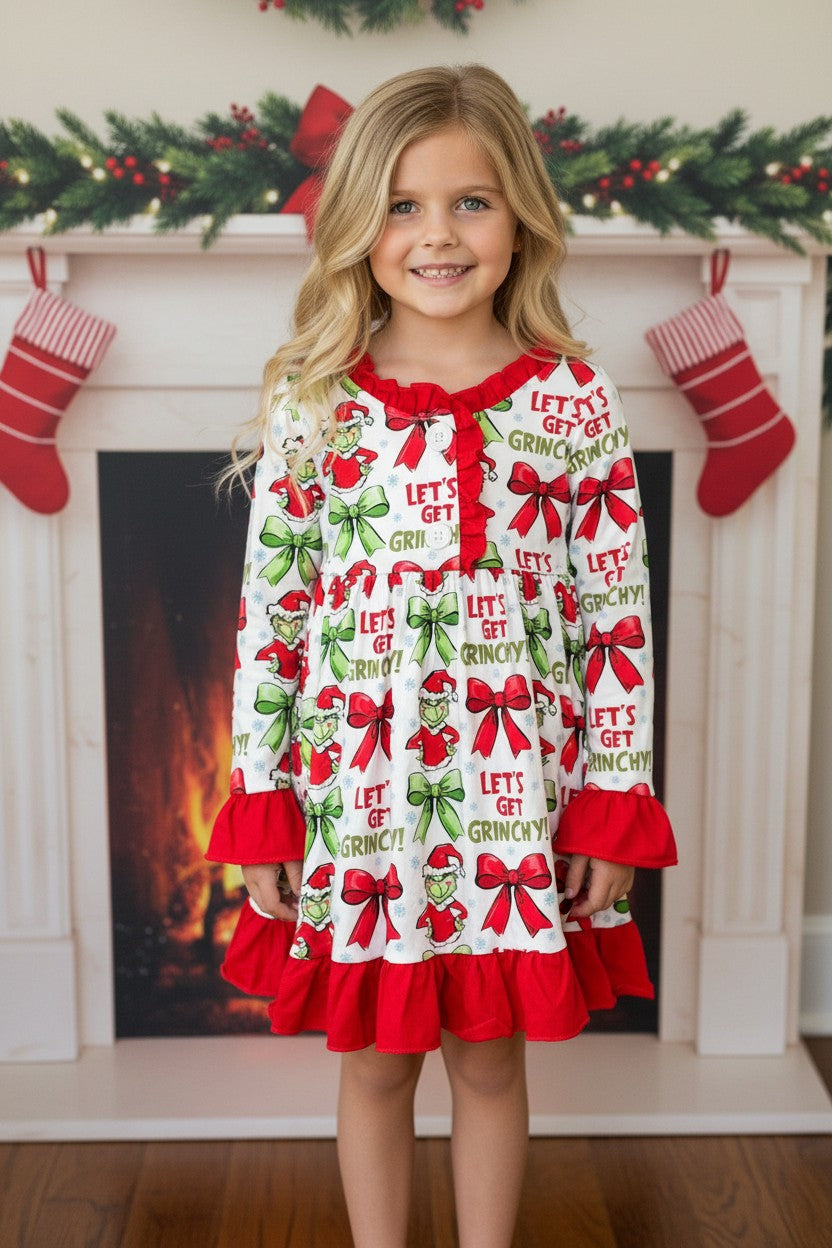 Red bow & Christmas character printed dress with ruffle hem. GLD0423-7-S-