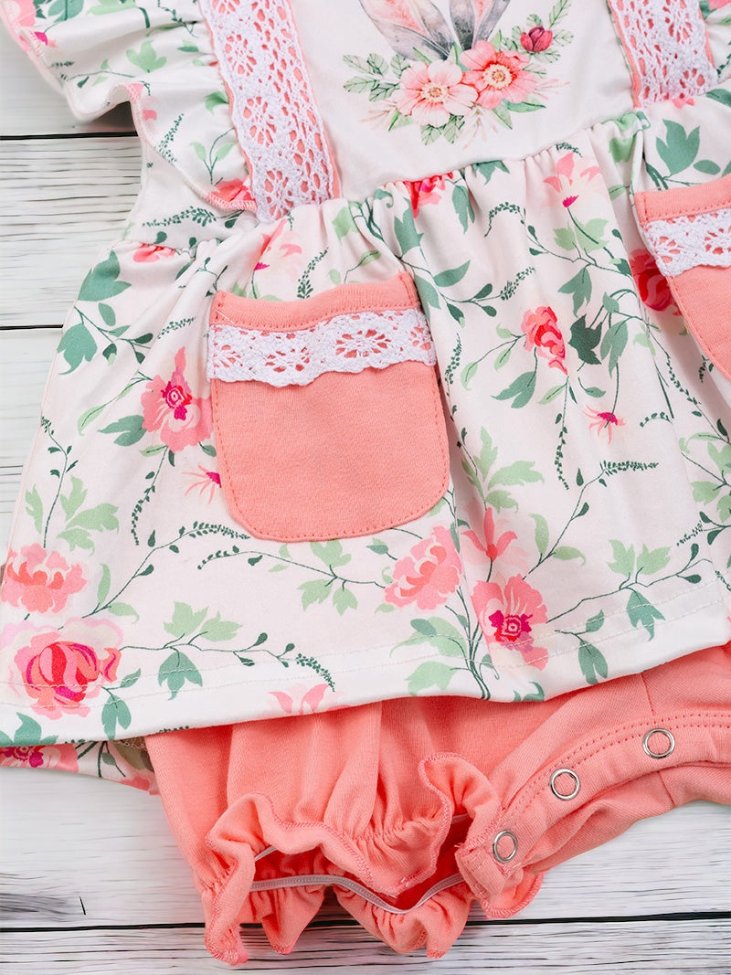 CORAL WITH FLOWER PRINTED TUNIC WITH POCKETS & BLOOMER SHORTS WITH SNAPS. RPG20134007