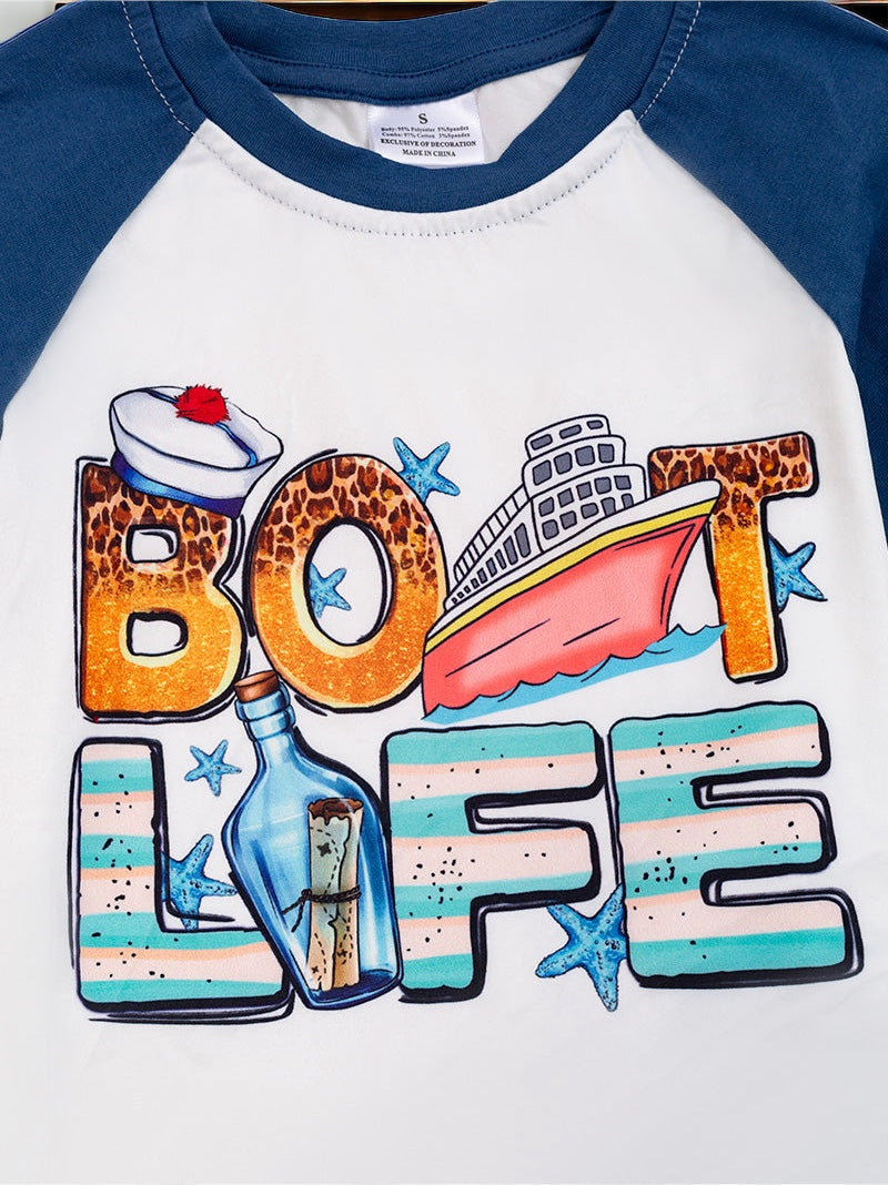 BOAT LIFE" WHITE TEE WITH NAVY SLEEVE & MACTHING SHORTS. OFB25204002