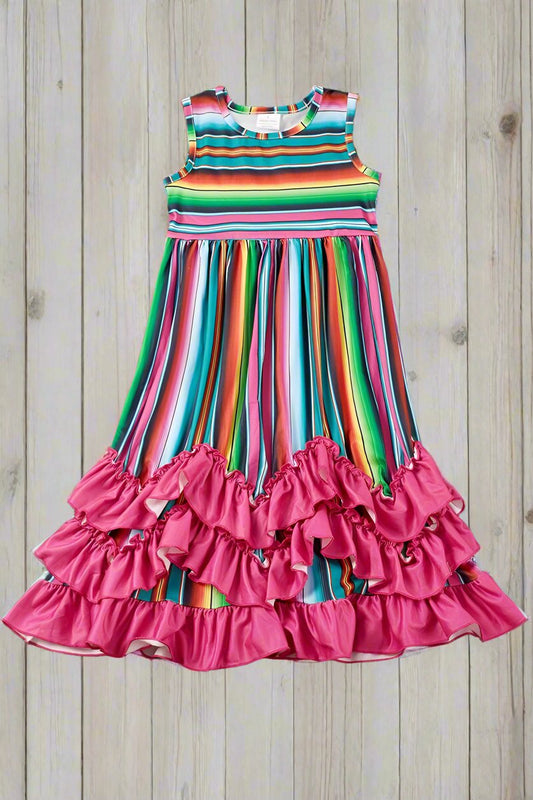 Serape Printed Maxi Dress w/ Pink Ruffle Hem