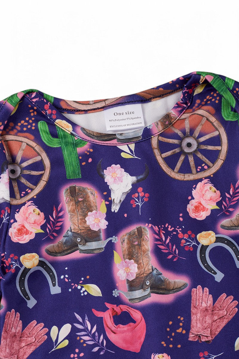 Navy Blue wagon wheel printed girls baby gown.