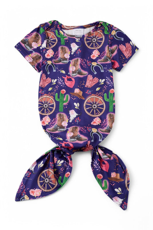 Navy Blue wagon wheel printed girls baby gown.