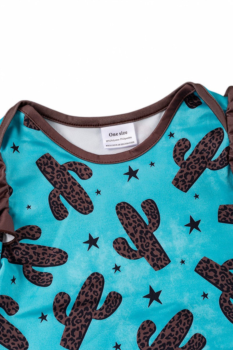 Turquoise baby gown with cheetah printed cactus & angel sleeve.