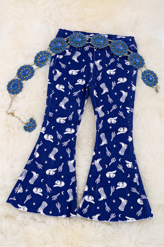 Navy blue western printed bootcut pants.