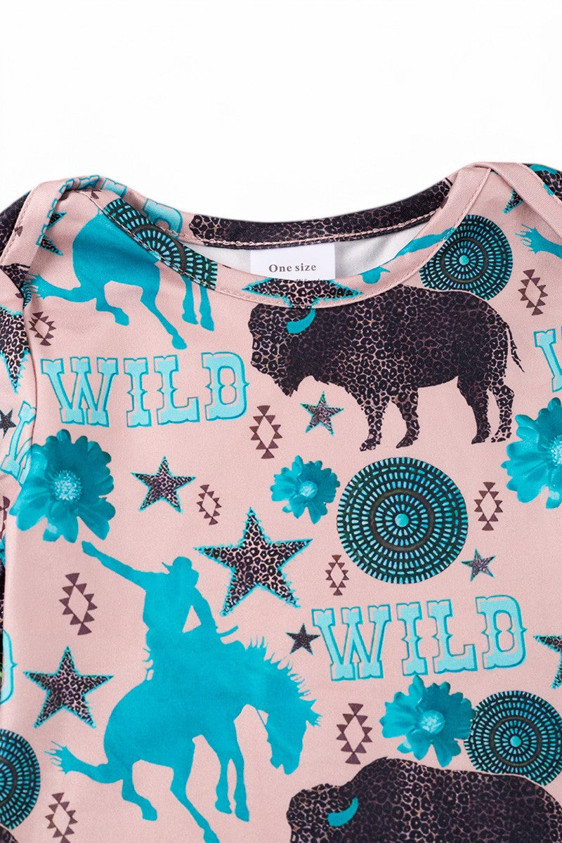 Wild, Bison, horse rider printed baby gown.