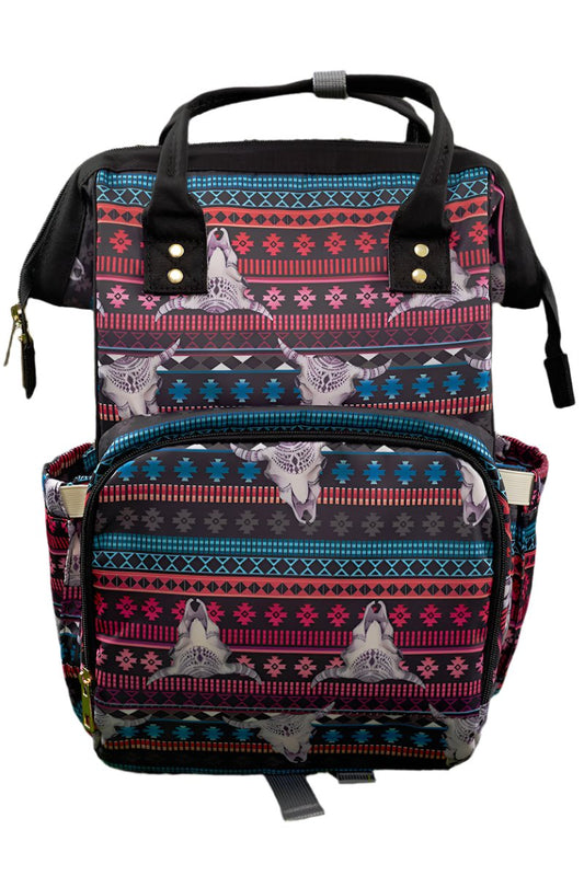 Bull skull printed diaper bag.