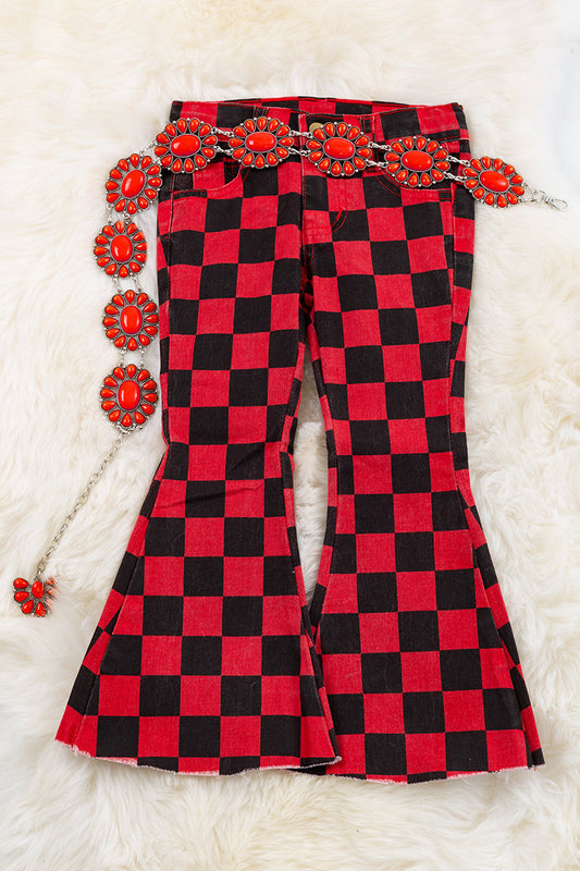 Red & black checkered bootcut pants.