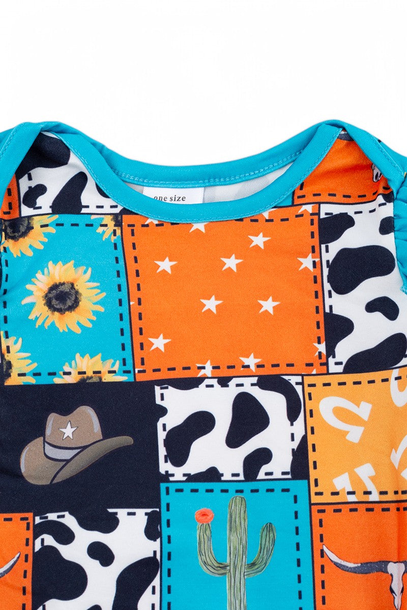 Sunflower, cactus-multi printed patch baby gown.