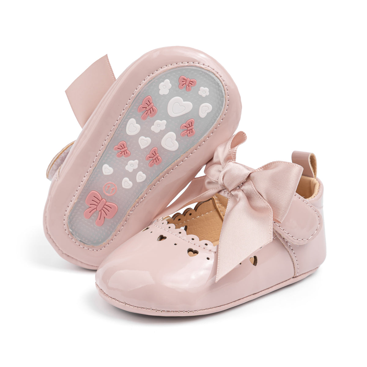 Cute heart pink front satin bow baby shoes. CG5369