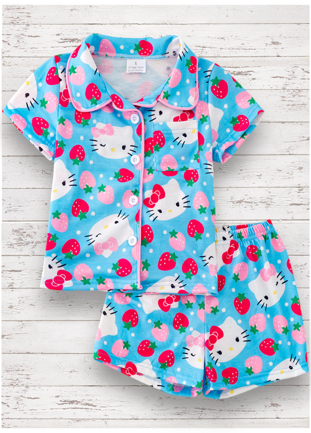 BLUE KITTY & STRAWBERRY PAJAMA 2 PIECE SET.