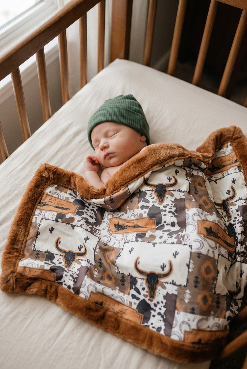 32 inch X 32 inch bull skull and cow printed baby blanket. BL0508-8-32*32inches