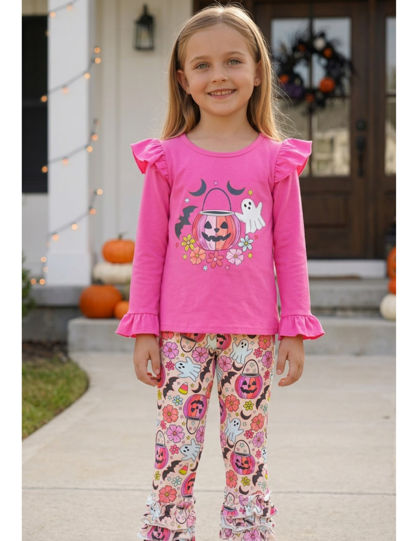 Fuchsia Halloween printed long sleeve top and printed leggings. GLP0505-17-Amy