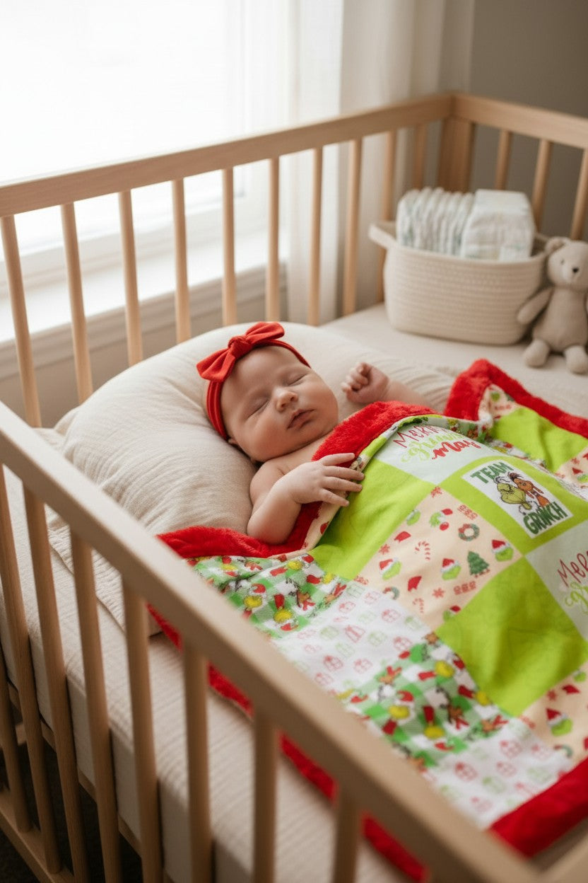 32 inch X 32 inch Green & red Christmas printed baby blanket.