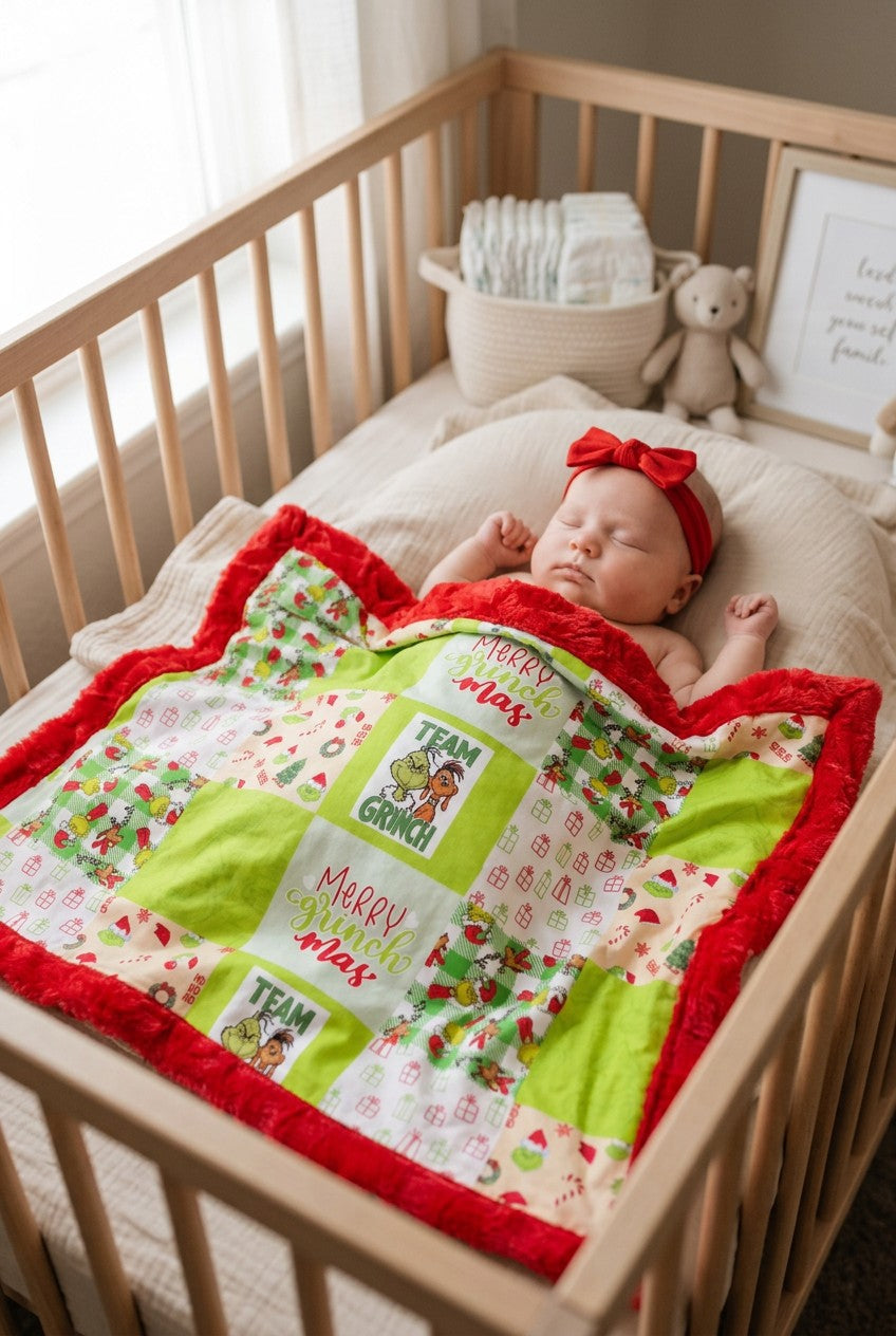 32 inch X 32 inch Green & red Christmas printed baby blanket.