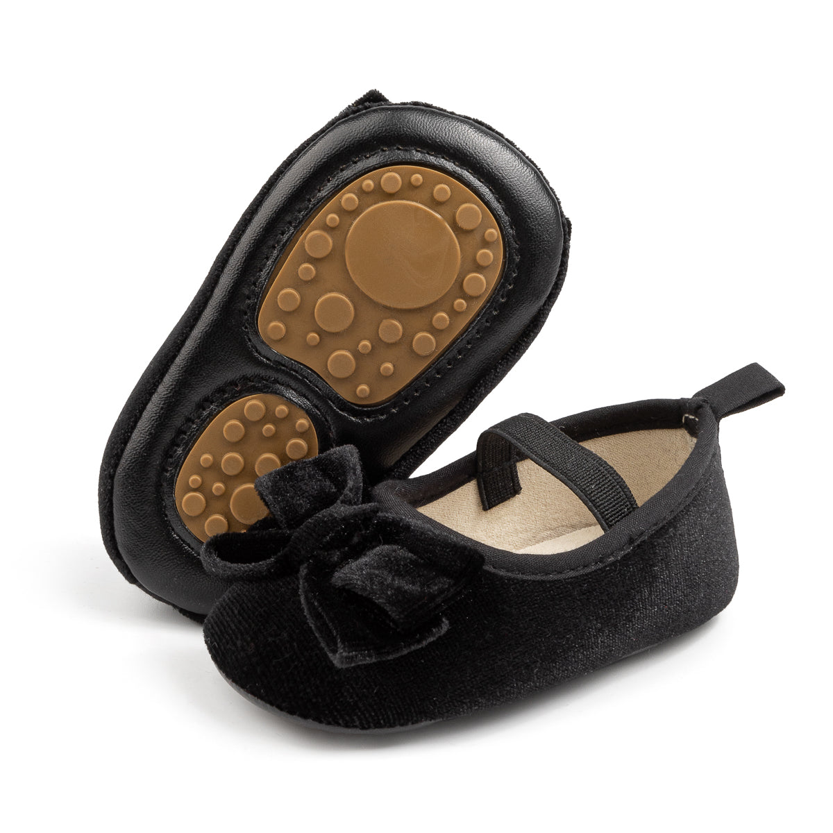 Front Bow velvety baby shoes, available in black and pink.