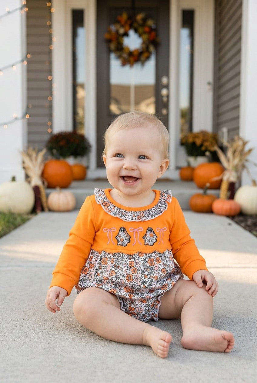 Floral ghost applique on orange baby romper. RPG62706 -S-