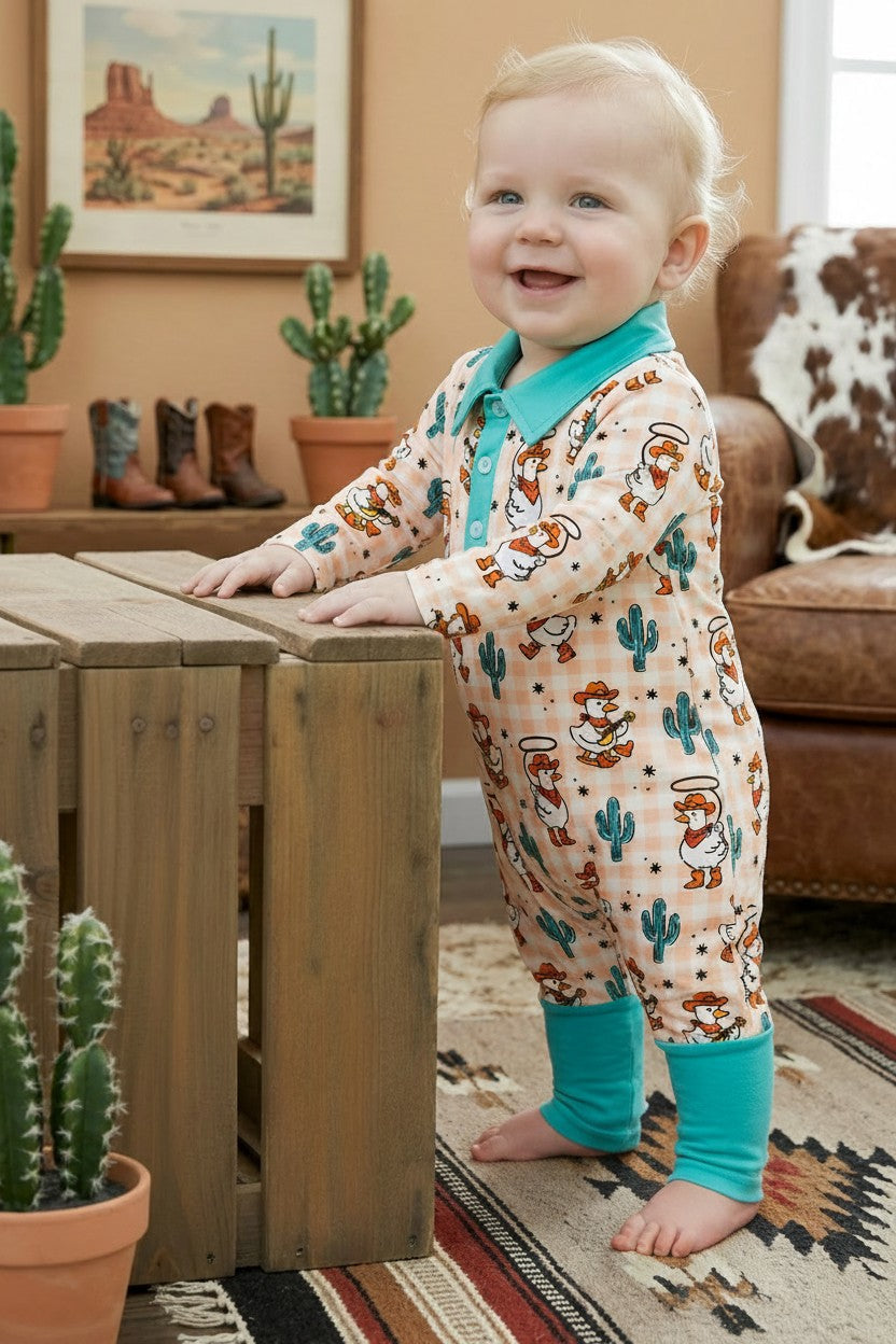Western duck printed romper with mint fold over footie. RPB60577