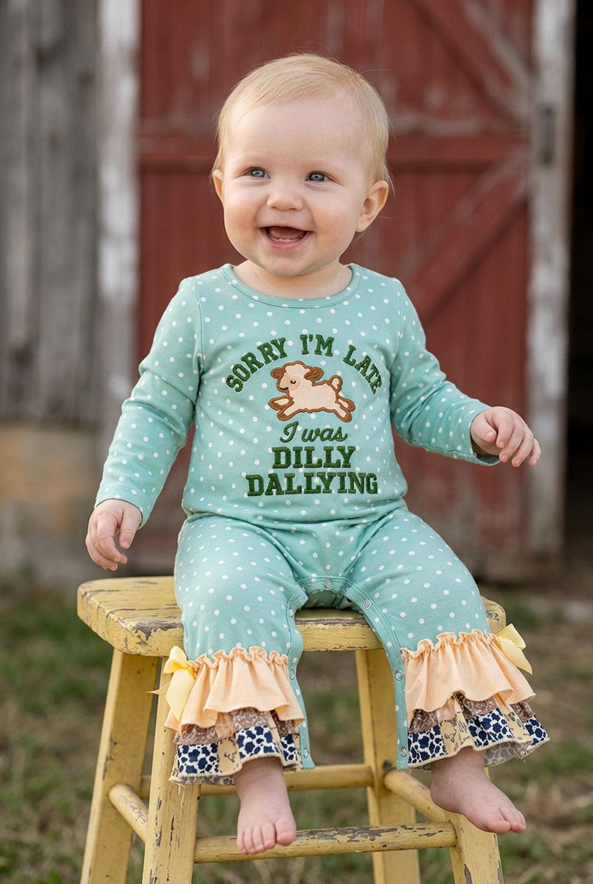Sorry I'm late I was Dilly Dallying" Embroidered baby romper. RPG63938