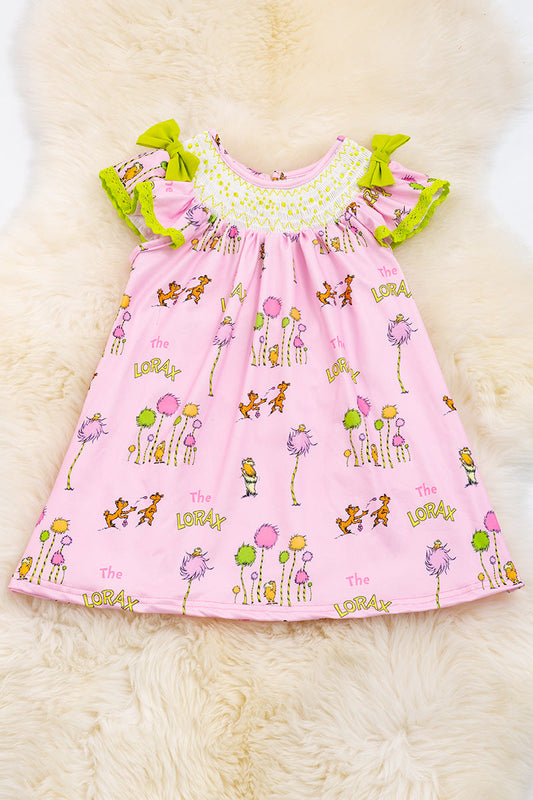 Pink Smocked Dress w/ Printed Character and Neon Green Detail