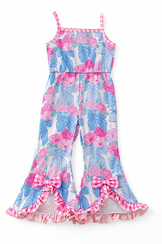 Floral abstract girls jumpsuit with side bows & gingham trim.