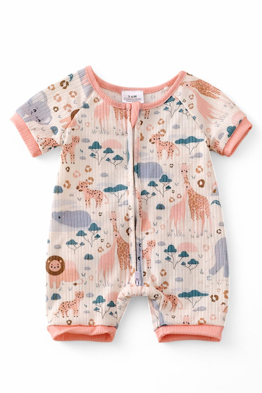 Adventure in the Safari girls coral baby romper with dual zipper.