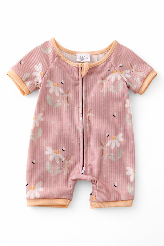 Bunny, daisy printed romper with dual zipper.