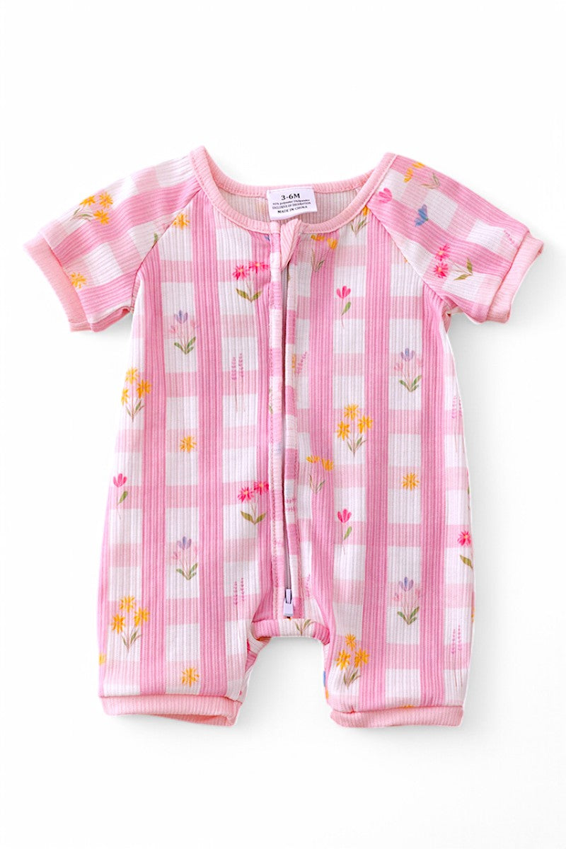 Pink plaid, floral baby romper with dual zipper.