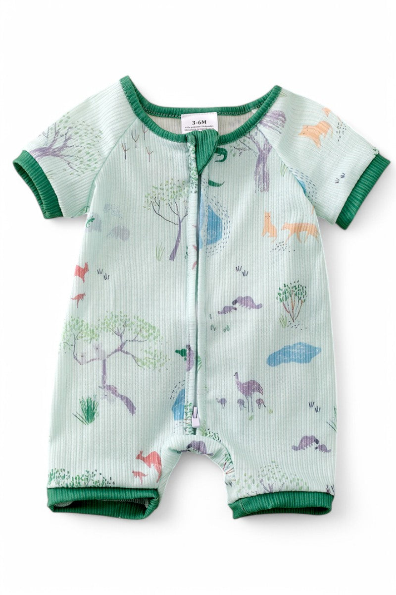 Adventure in the wild mint baby romper with zipper.