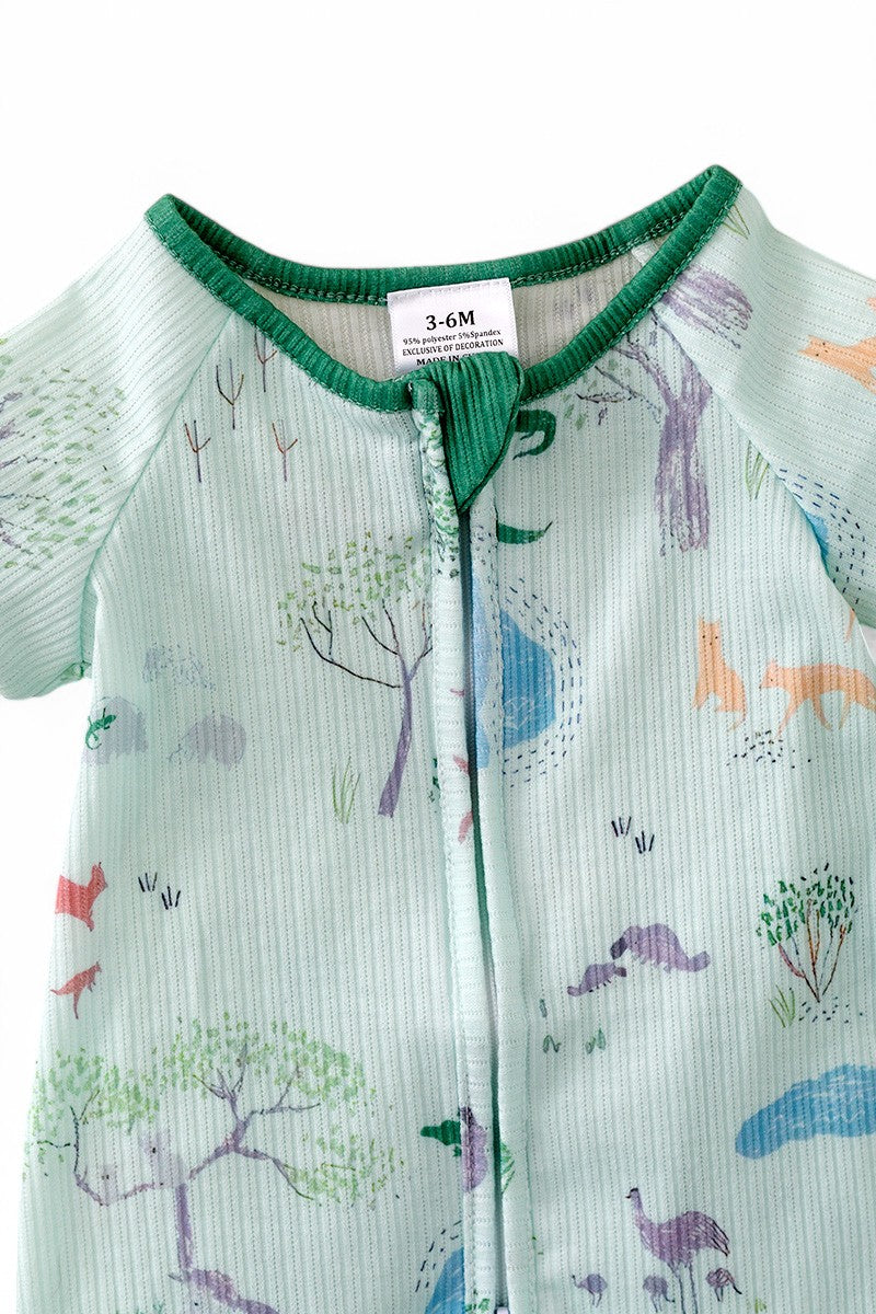 Adventure in the wild mint baby romper with zipper.