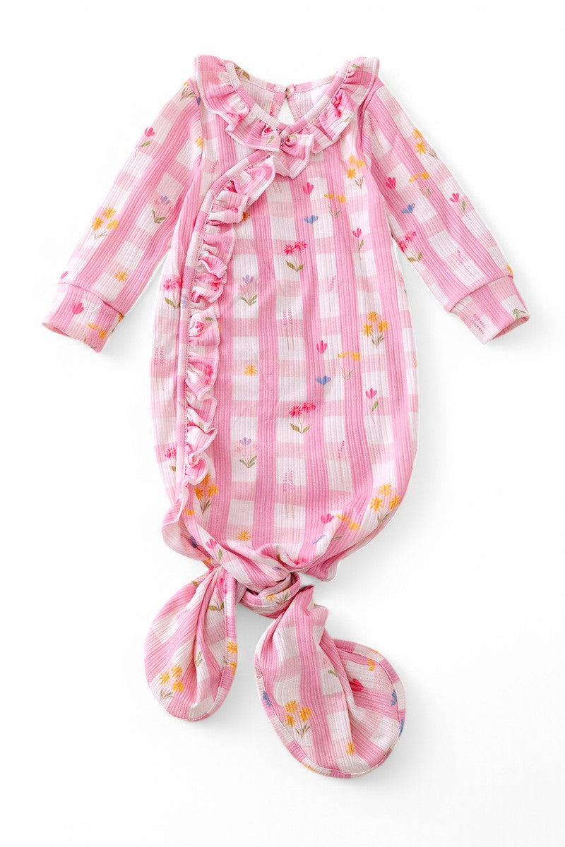 Spring-Summer floral gingham printed baby gown with ruffle trim.