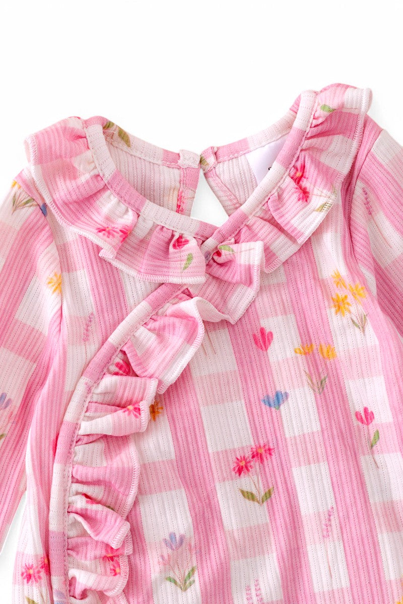 Spring-Summer floral gingham printed baby gown with ruffle trim.