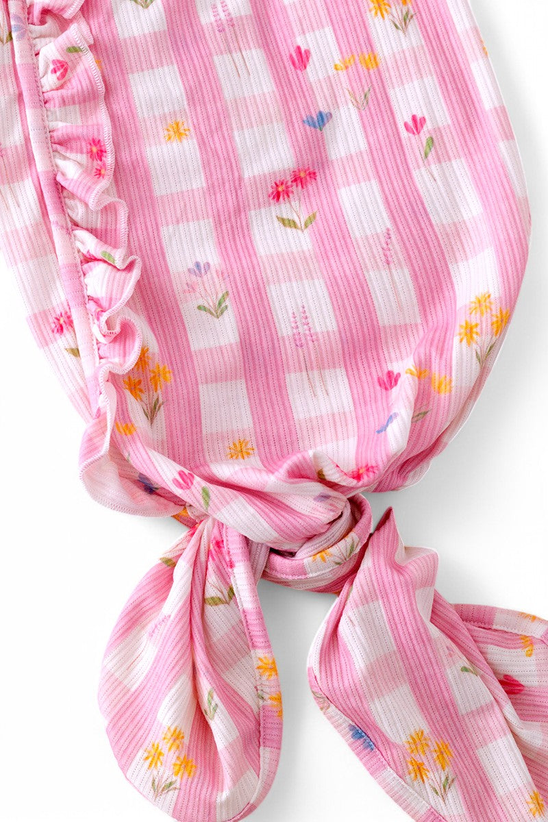 Spring-Summer floral gingham printed baby gown with ruffle trim.