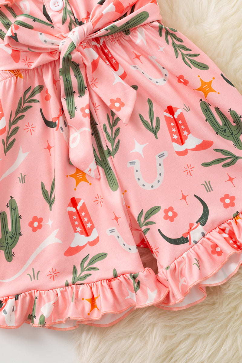 Cactus & cow skull printed girls romper. WESTERN-
