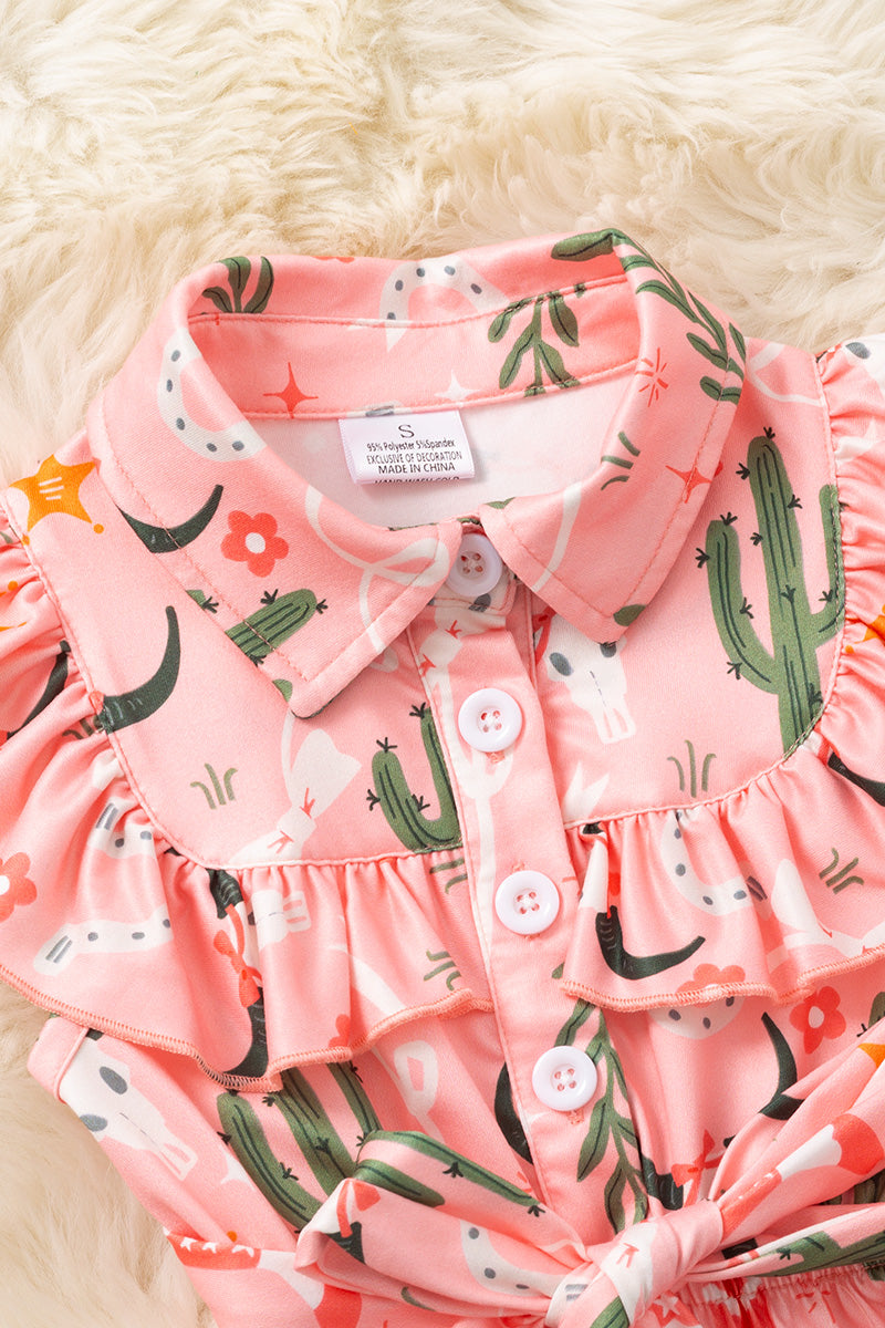 Cactus & cow skull printed girls romper. WESTERN-