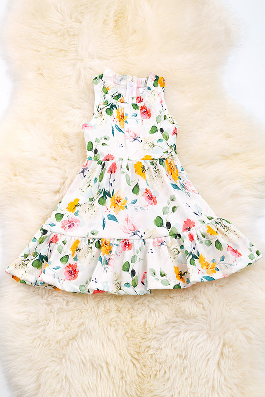 White Floral Printed Dress w/ Ruffles