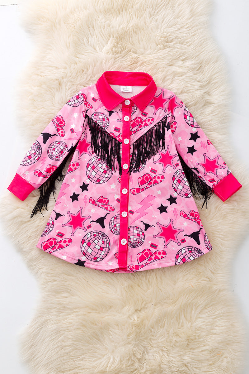 Disco, western printed girls dress with fringe. TPG50990