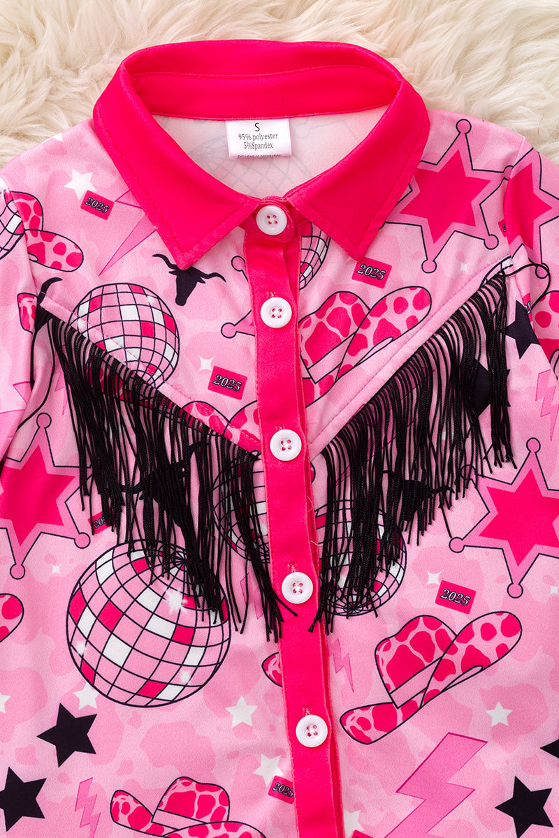 Disco, western printed girls dress with fringe. TPG50990