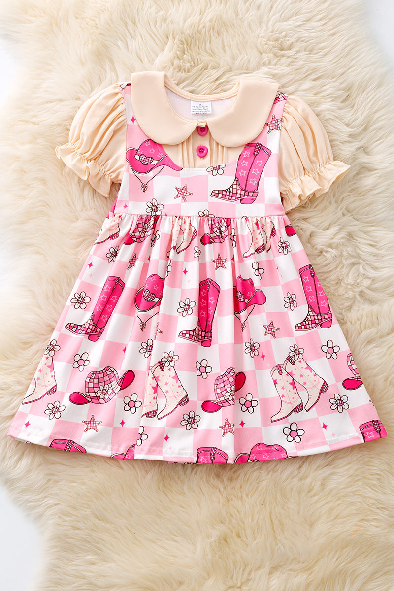 Western-checkered printed girls dress. DRG54119
