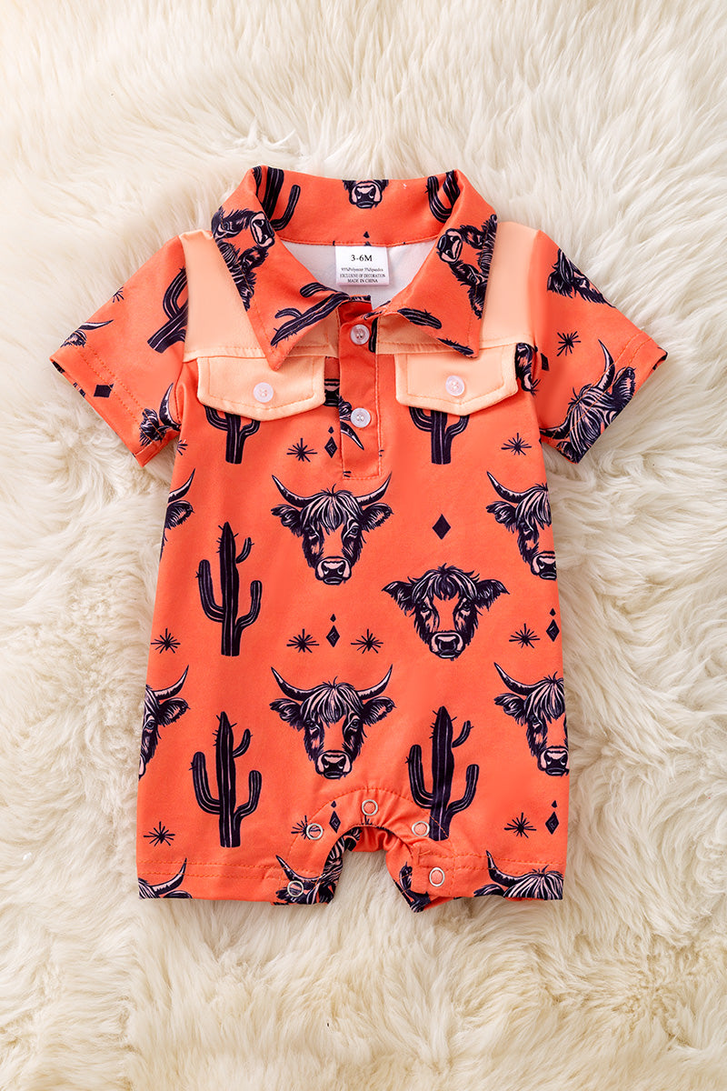 Orange Highland cow printed baby romper.