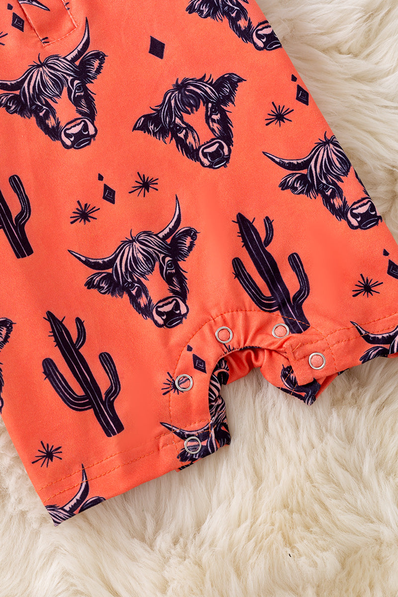 Orange Highland cow printed baby romper.