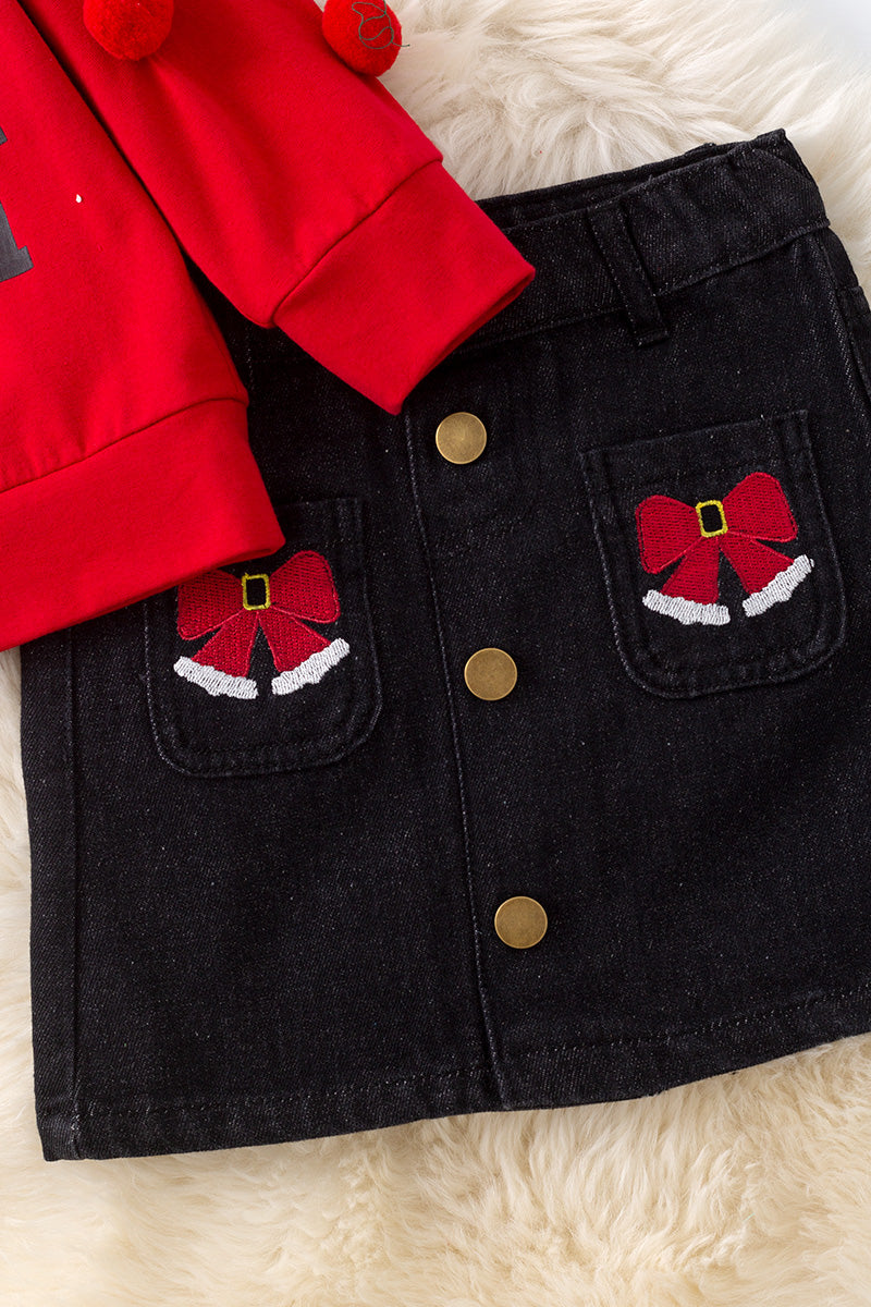 "Merry & Bright" Red pom pom sleeve sweatshirt & denim skirt.