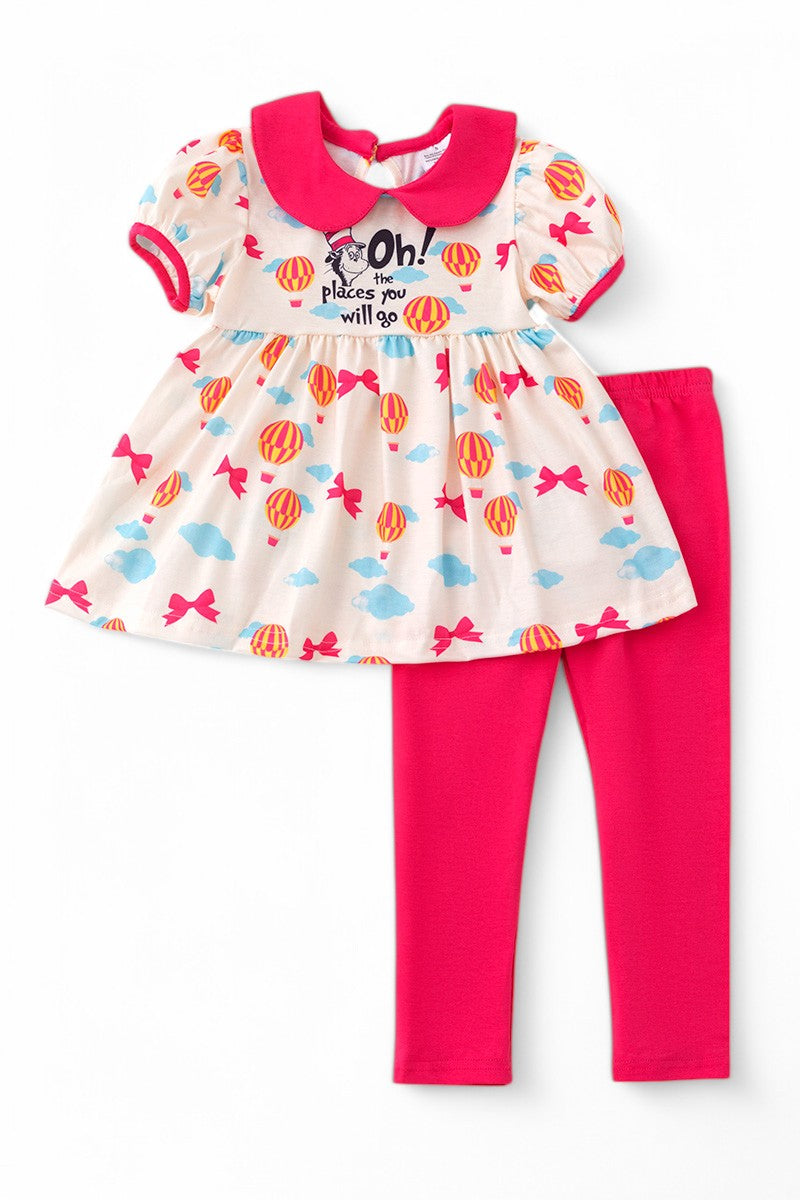 Oh the places we will go... Girls Character printed tunic & fuchsia leggings.