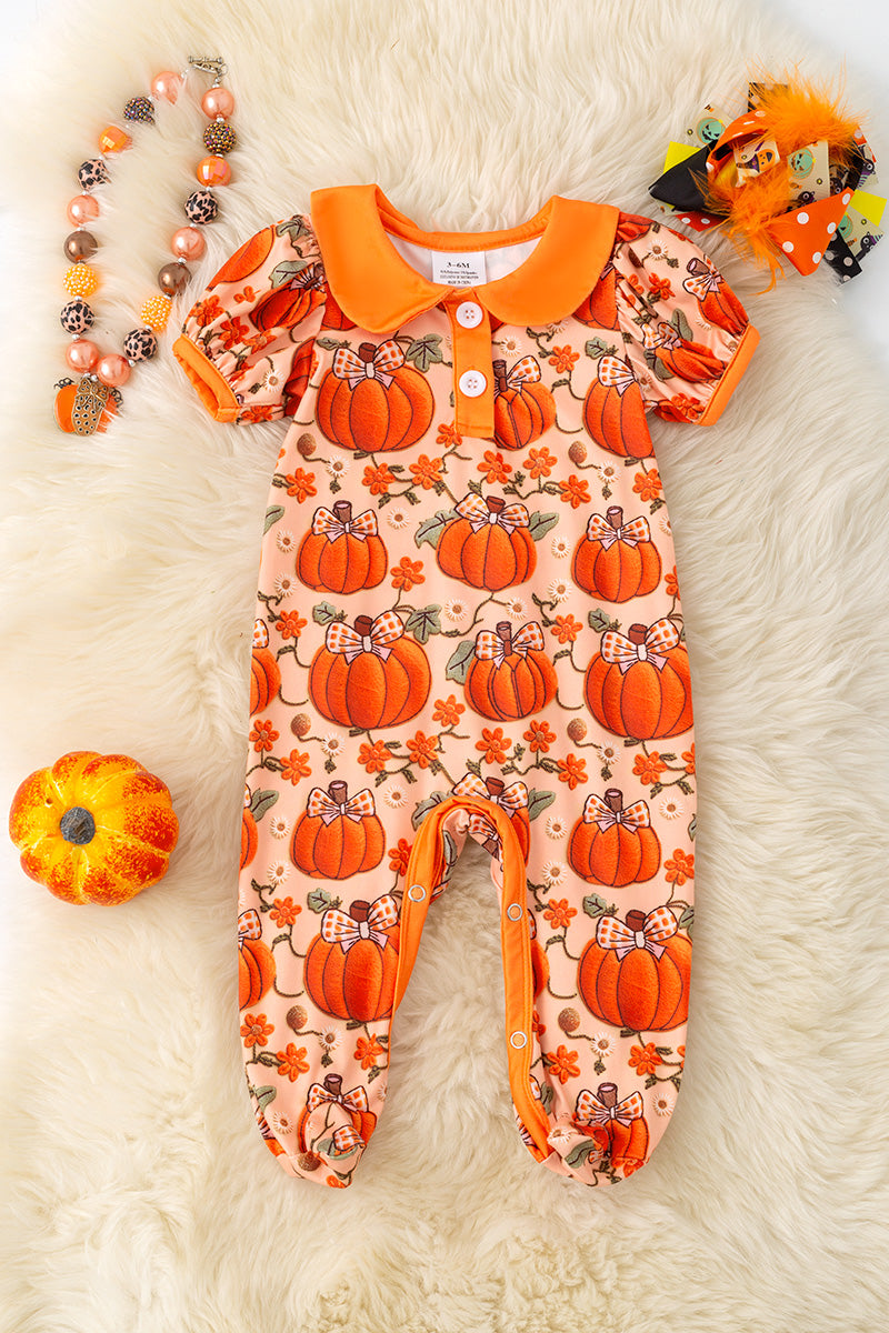 Fall pumpkin printed girls baby bodysuit with footie.