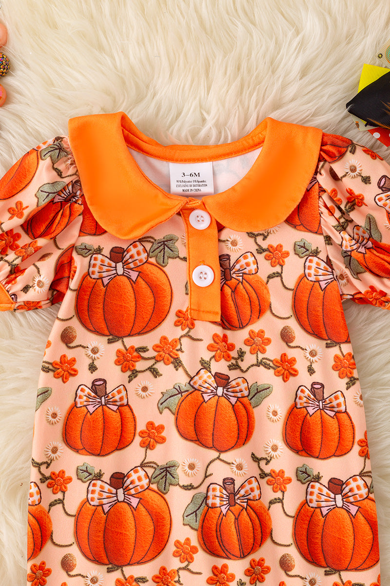 Fall pumpkin printed girls baby bodysuit with footie.