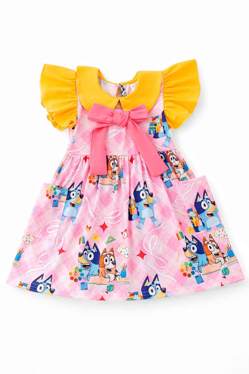 Plaid Blue* printed girls dress with yellow angel sleeves.