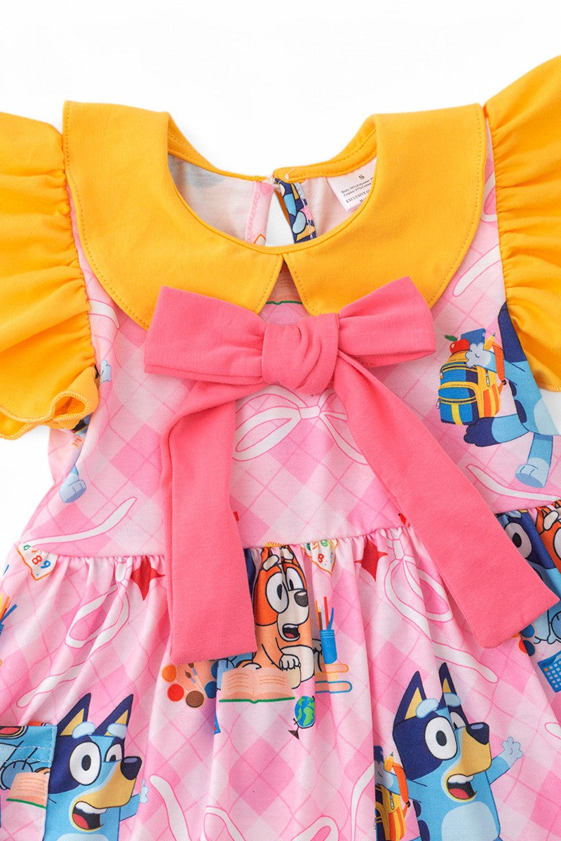 Plaid Blue* printed girls dress with yellow angel sleeves.