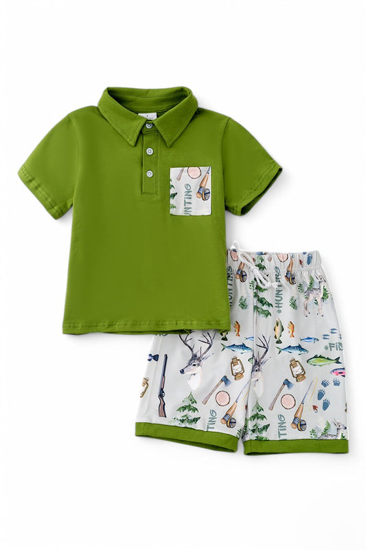 Fishing, Hunting boys green & gray 2 piece.